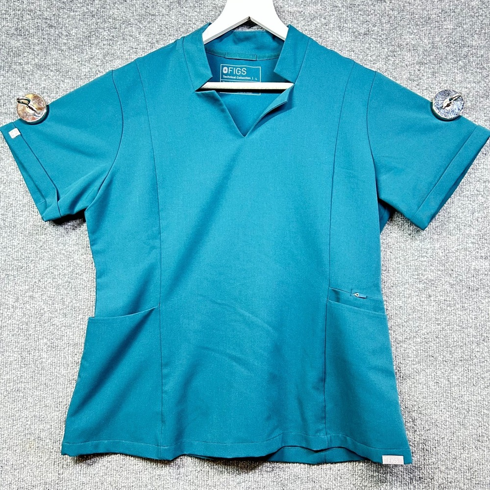 FIGS Technical Collection V-Neck Scrub Top Womens Teal Blue Medical Uniform - L